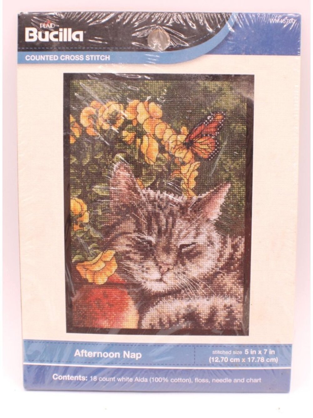 Bucilla "Afternoon Cat Nap" Counted Cross Stitch Kit 5x7 Sleep Tabby Butterflies